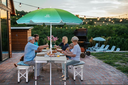 Folding Picnic Table with Umbrella Benches Mesh