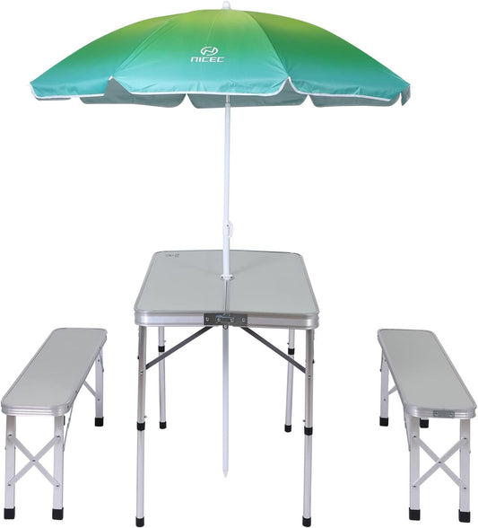 Folding Picnic Table with Umbrella Benches Mesh
